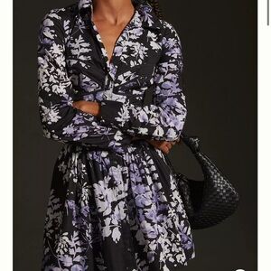 By Anthropologie Purple and Black Floral Corset Shirt Dress